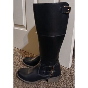 Clarks Black Leather Tall Riding Boots Stretch Panel Women's Size 7.5 Block Heel